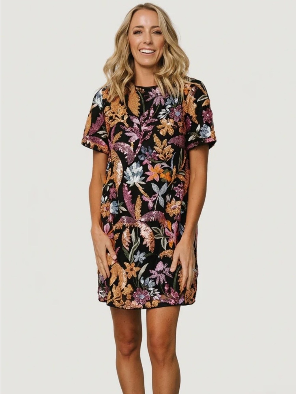 New BALTIC BORN Black Floral Sequin Shift Dress  Sz. M